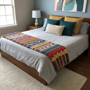 New Handmade Queen Chunky Bed Runner or Wrap Blanket Fringed Multicolor Boho